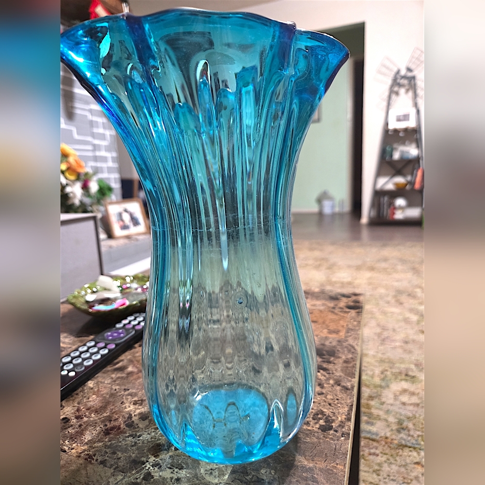 Vintage Murano | Blue Swung Glass Vase | Hand Blown Art | Glass Decor